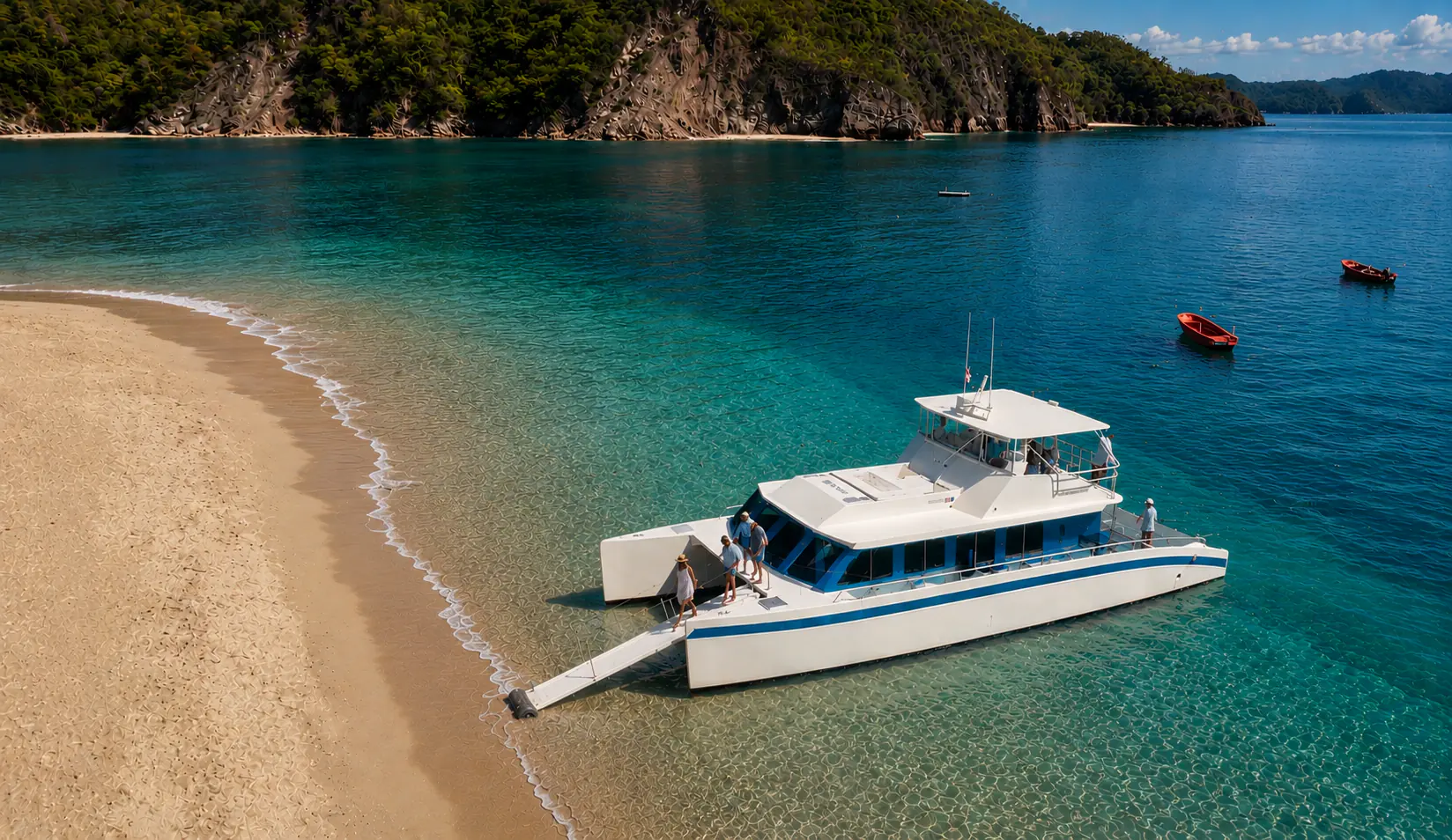Flamingo catamaran and turquoise Pacific coast - luxury travel Costa Rica